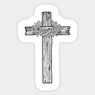 A wooden cross with a crown of thorns Sticker